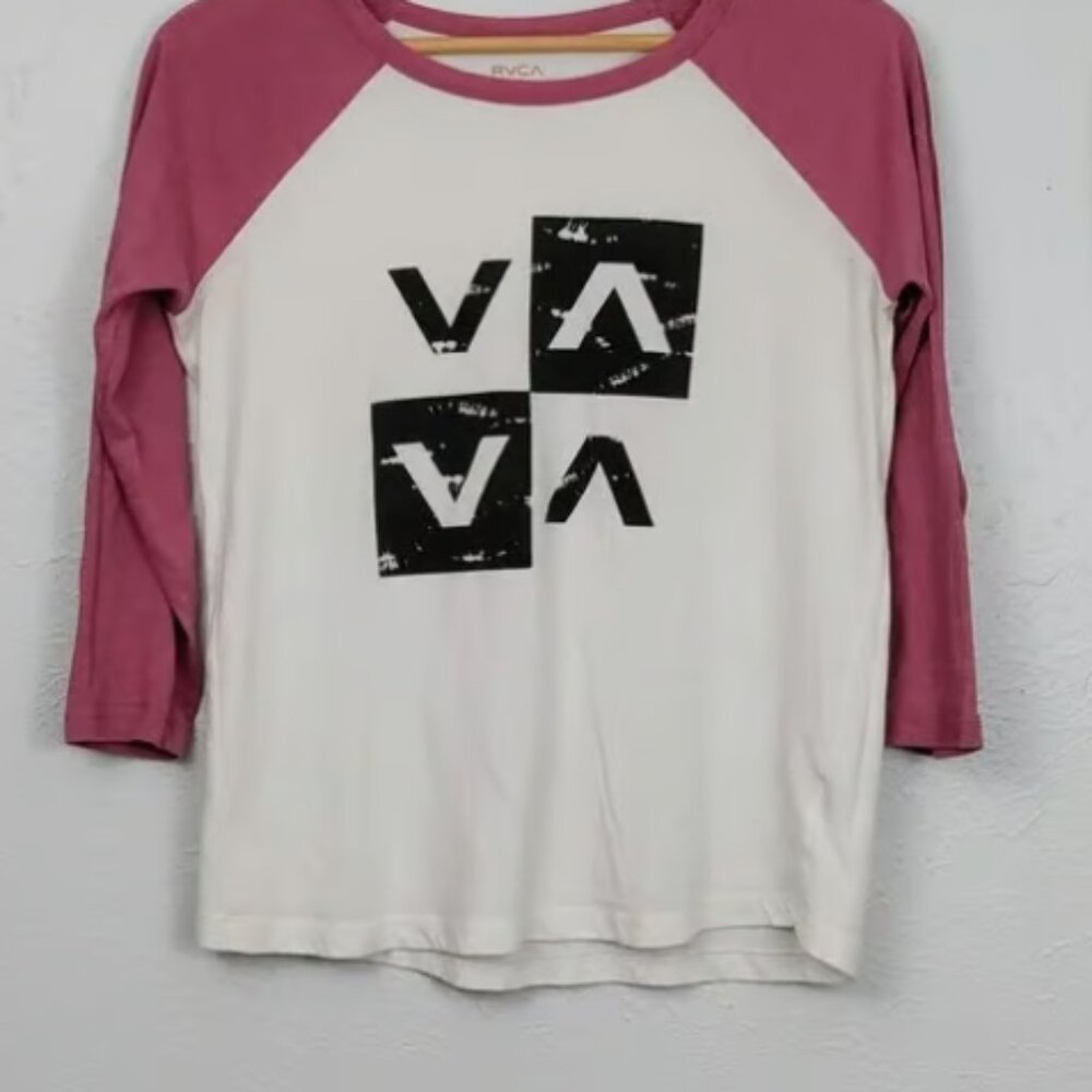 RVCA Baseball Tee 3/4 Sleeve Ringer Shirt Pink White - Picture 2 of 4